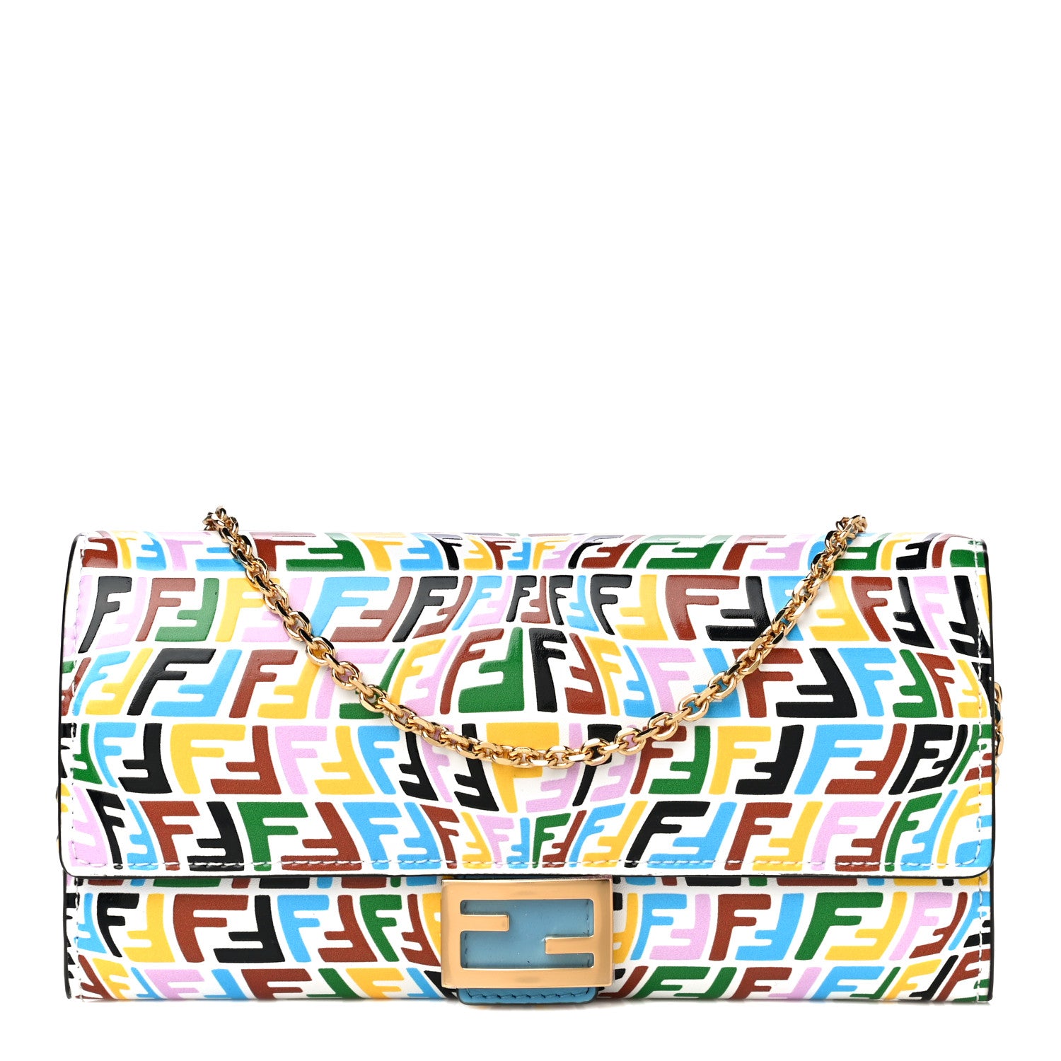 Fendi X SARAH COLEMAN Vitello Liberty Ceylon Micro FF Fish Eye Embossed Continental Envelope Wallet On Chain Multicolor Cyber Blue 1 of 9