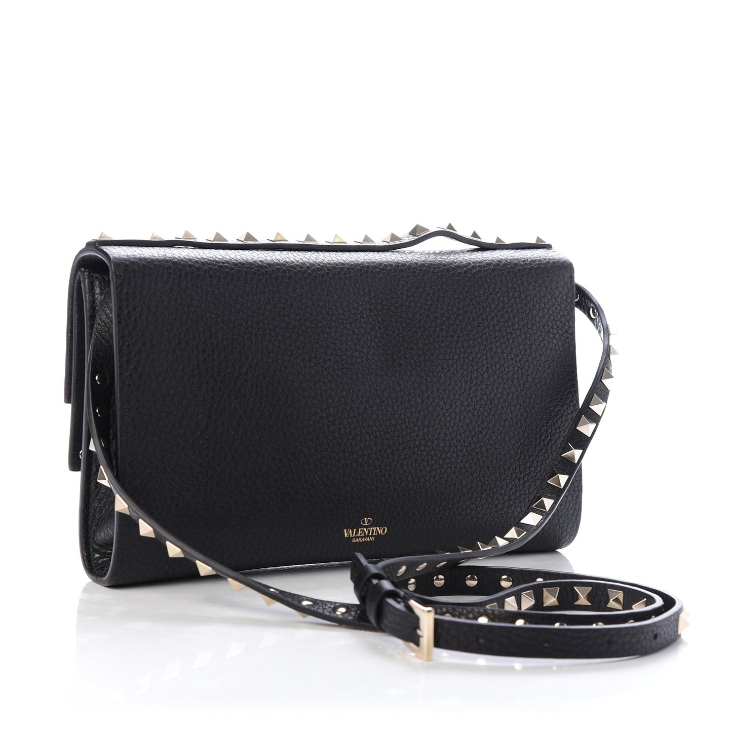 Grainy Calfskin Rockstud Double Flap Crossbody Bag Black