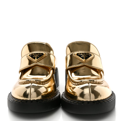 Prada Metallic Brushed Calfskin Metal Triangle Logo 50mm Loafers 38 Platino 2 of 9