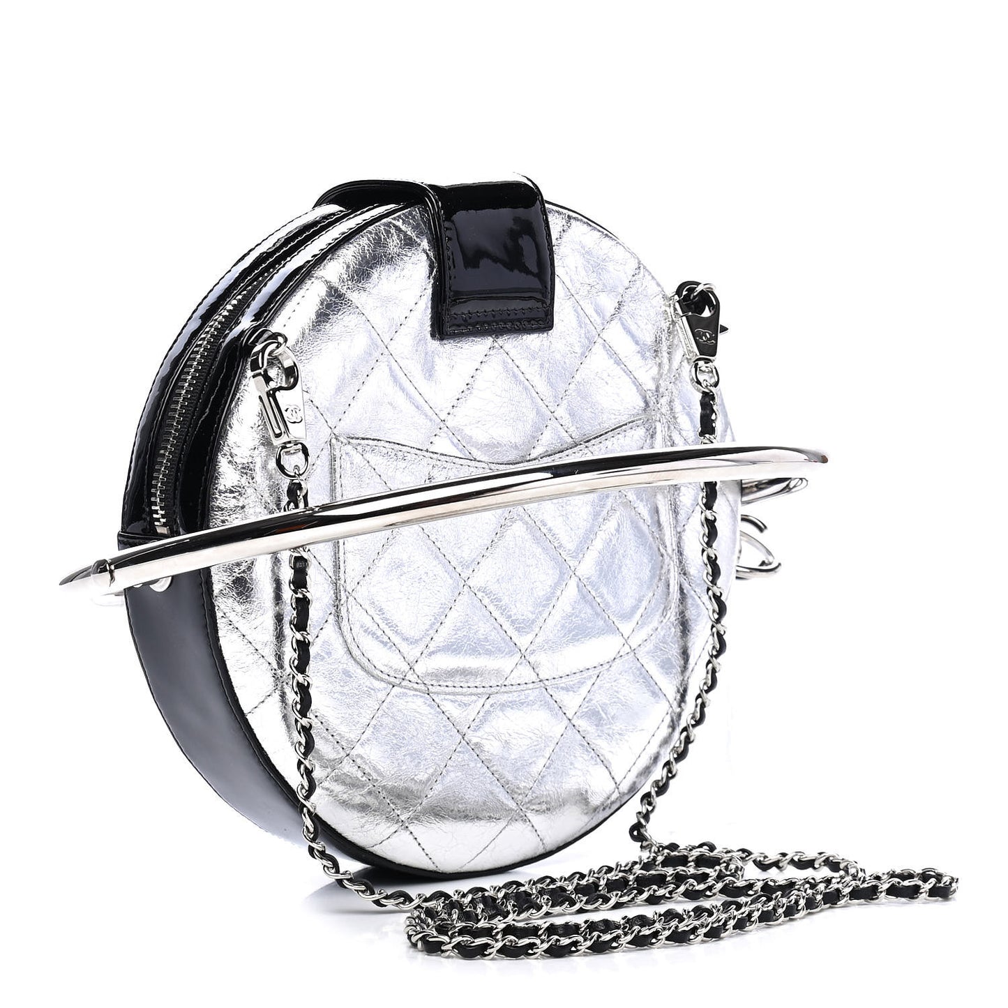 Metallic Aged Calfskin Patent Planet Minaudiere Shoulder Bag Silver