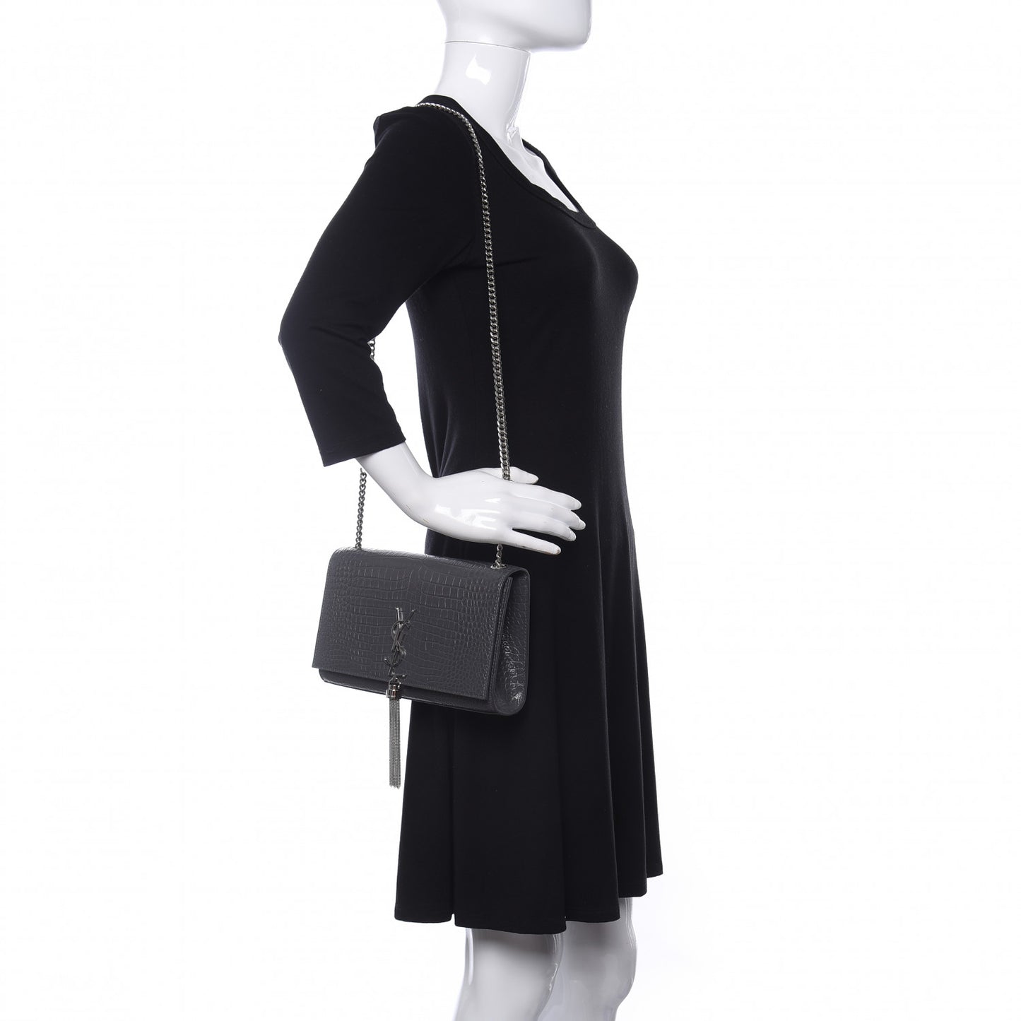 Calfskin Crocodile Embossed Medium Classic Monogram Kate Tassel Satchel Fog