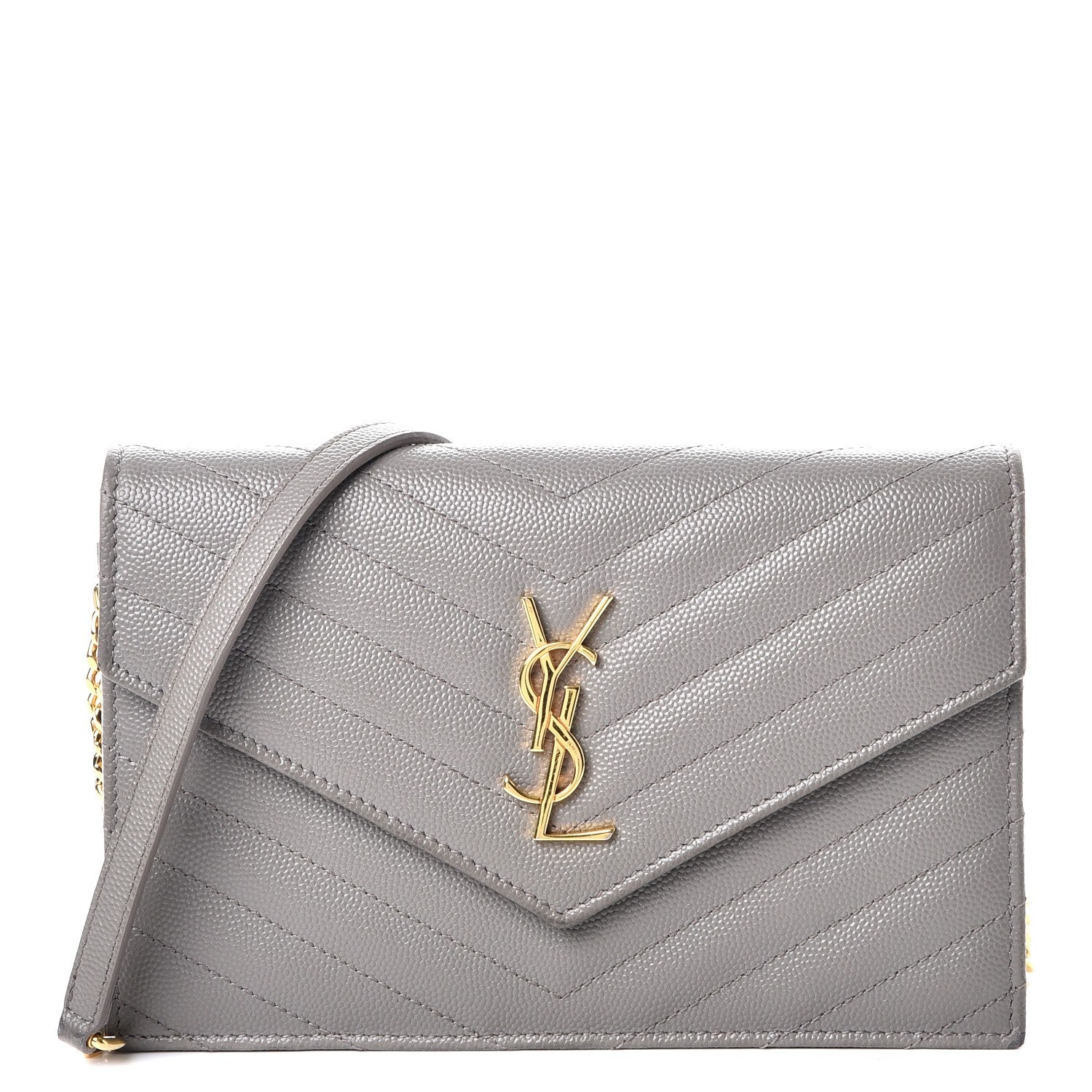 Saint Laurent Grain De Poudre Matelasse Chevron Monogram Envelope Chain Wallet Fog 1 of 9