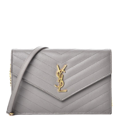 Saint Laurent Grain De Poudre Matelasse Chevron Monogram Envelope Chain Wallet Fog 1 of 9