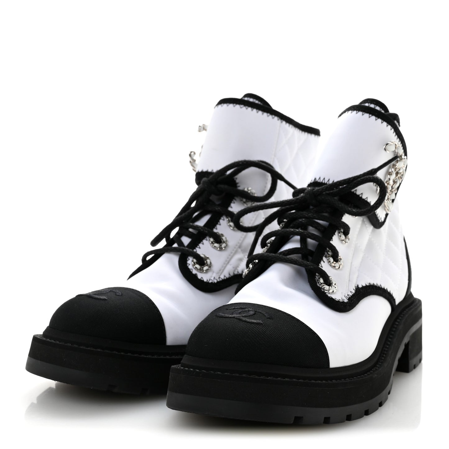 Fabric Grosgrain Quilted Cap Toe Lace Up Combat Boots 36.5 White Black