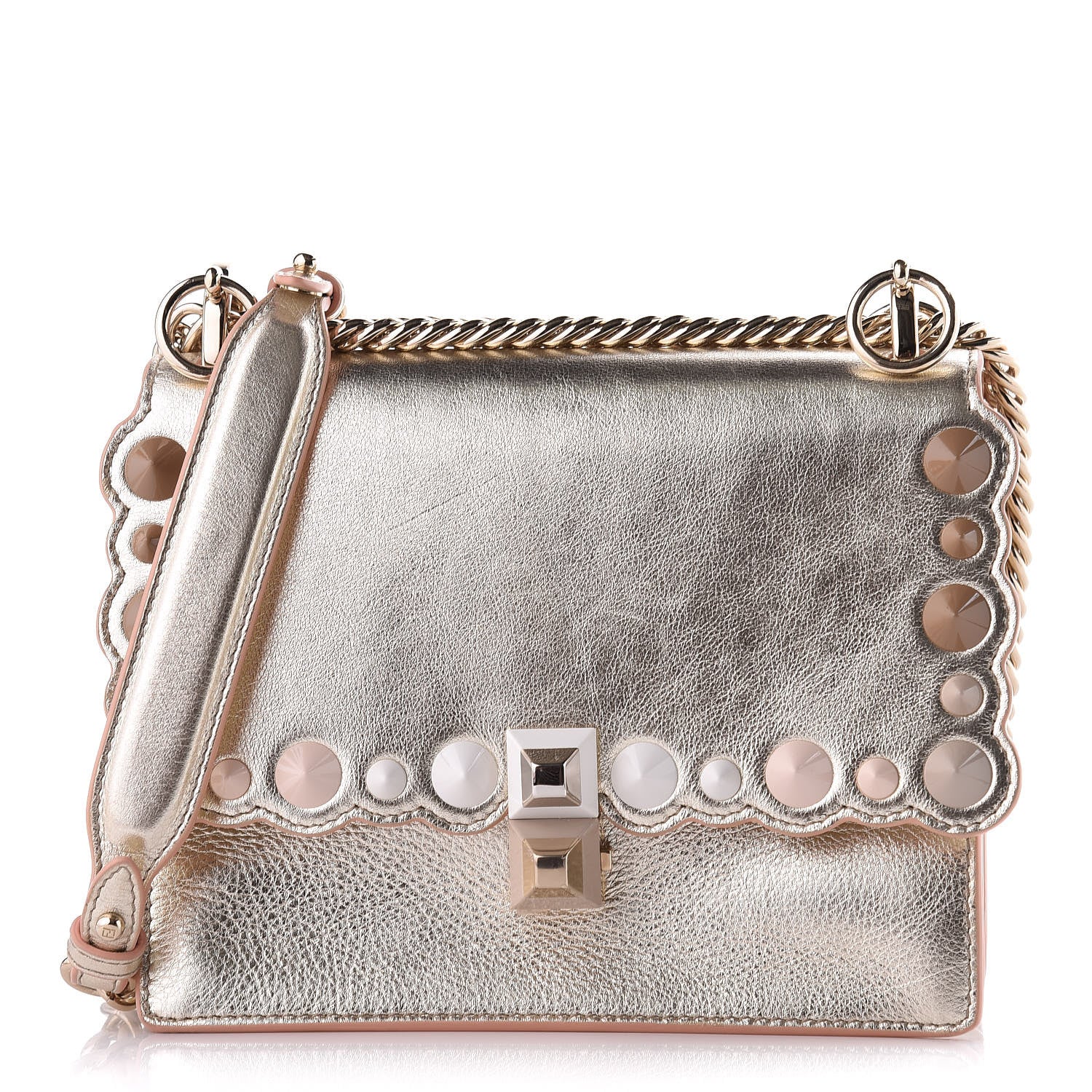 Fendi Vitello Catalan Mirror Scalloped Multi Studded Small Kan I Shoulder Bag Champagne 1 of 20