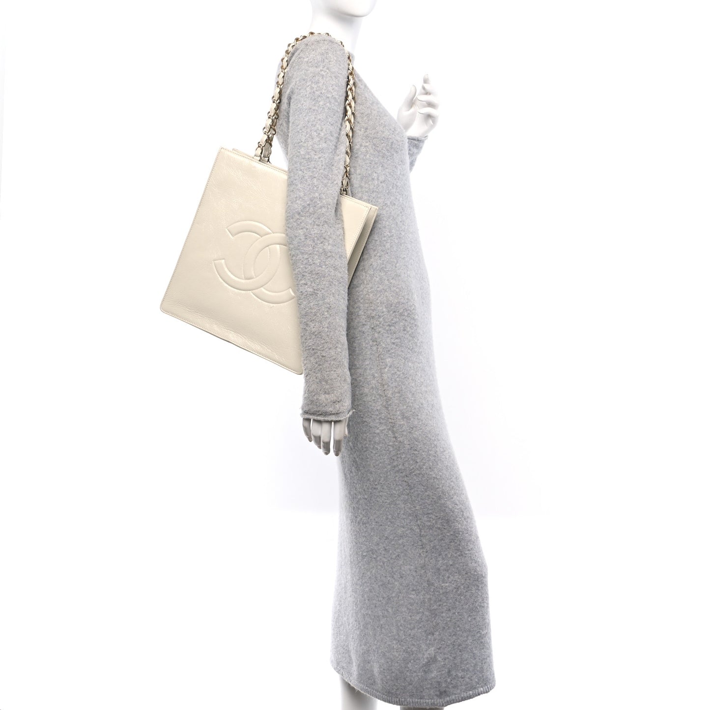 Shiny Aged Calfskin North South Shopping Bag White