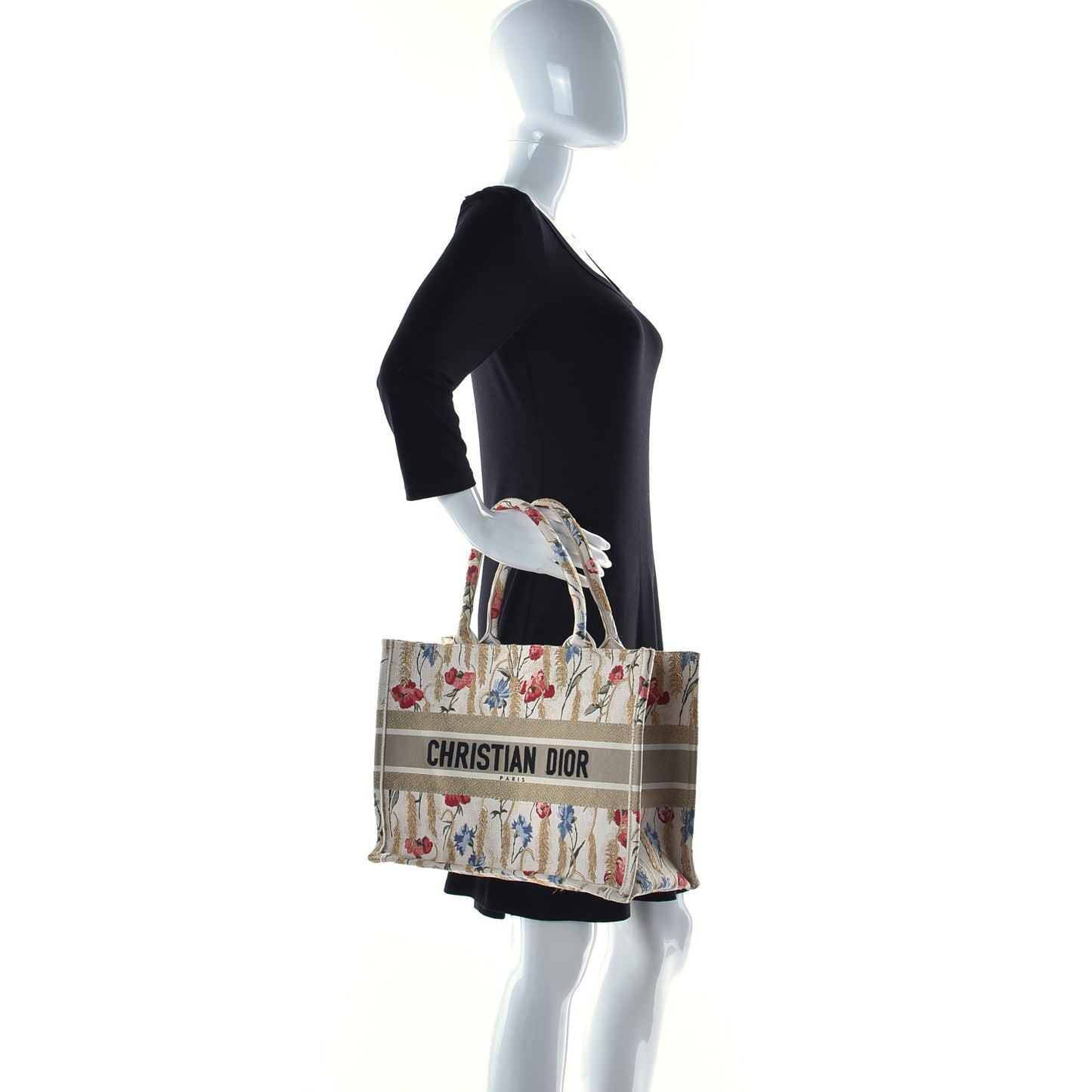 Canvas Embroidered Medium Hibiscus Book Tote Beige Multicolor