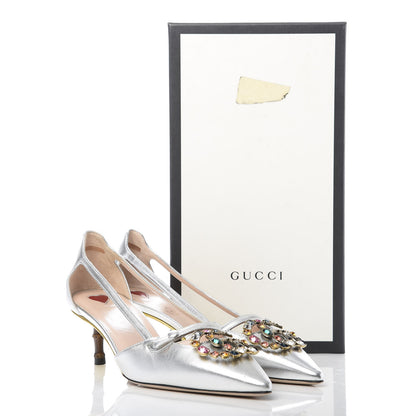 Gucci Metallic Nappa Bamboo Crystal Double G Low Heel Pumps 38 Argento 9 of 9