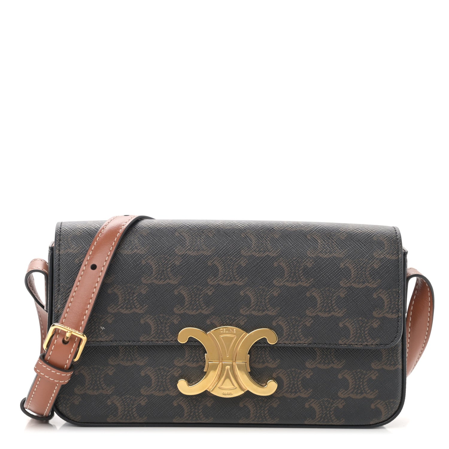 Celine Canvas Calfskin Triomphe Shoulder Bag Tan 1 of 13