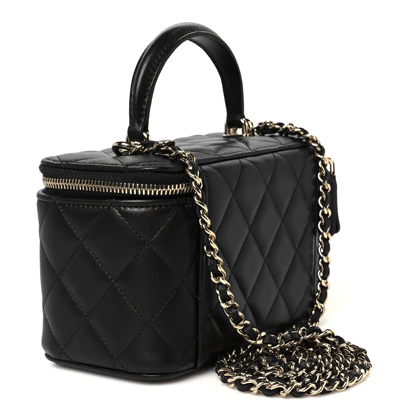Lambskin Quilted Small Top Handle Vanity Case With Chain Black