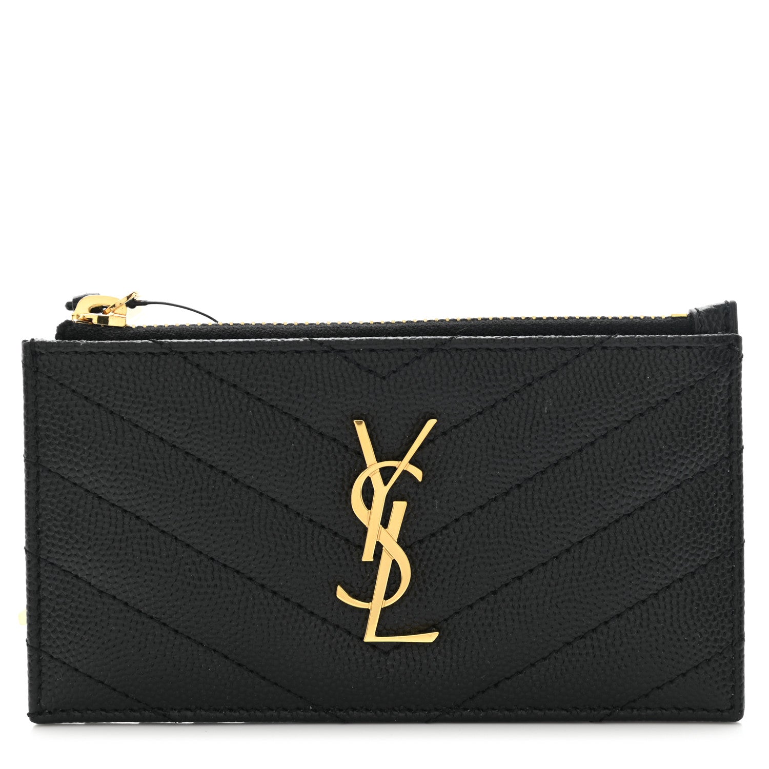 Saint Laurent Grain De Poudre Matelasse Chevron Monogram Fragments Zippered Card Case Black 1 of 8