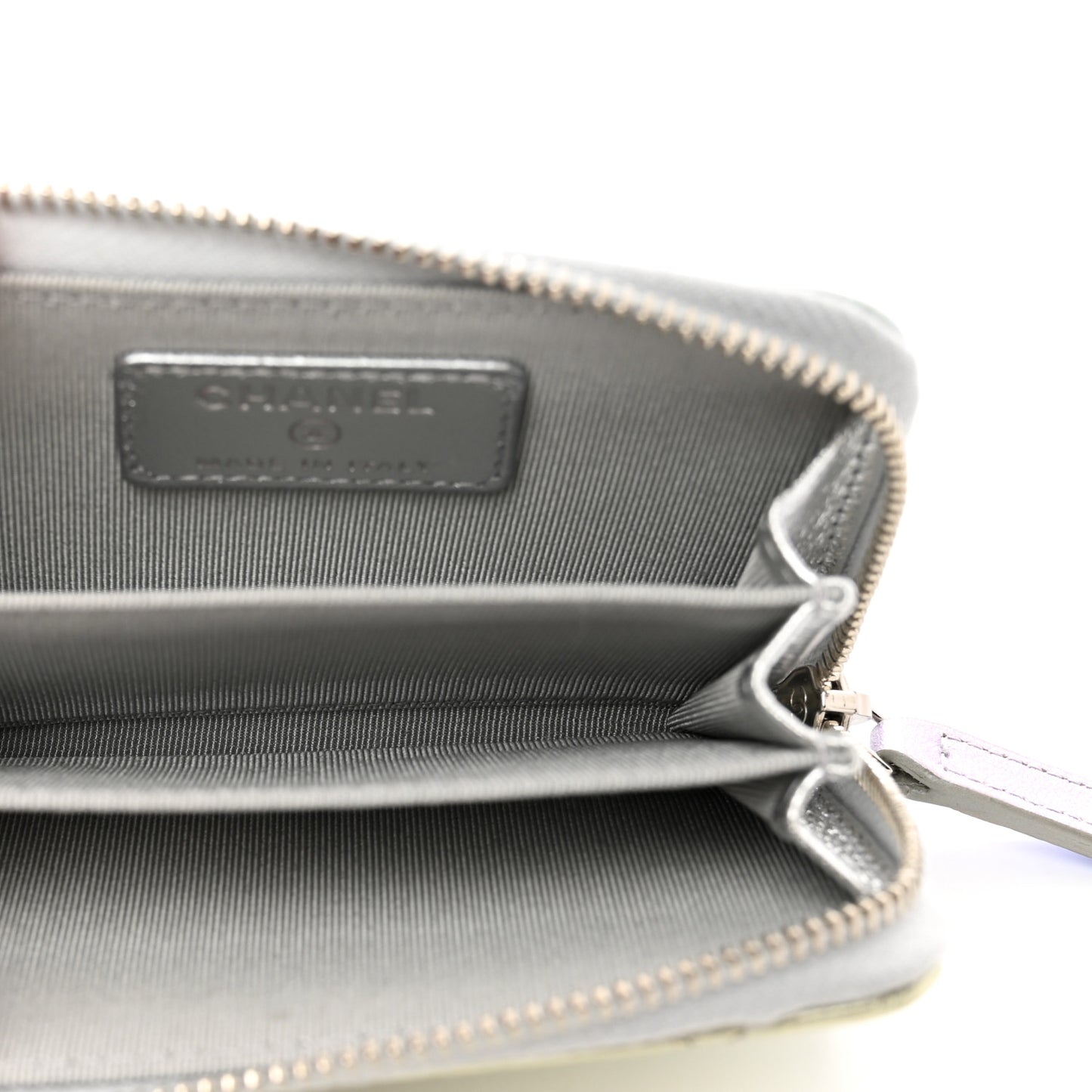 Gradient Metallic Calfskin Quilted Zip Around Coin Purse Wallet Silver Blue Yellow Purple