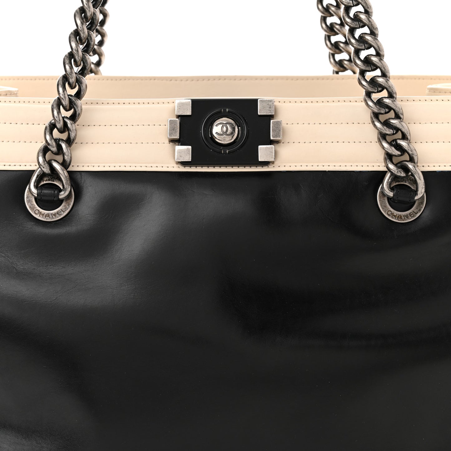 Glazed Calfskin Boy Tote Black Beige