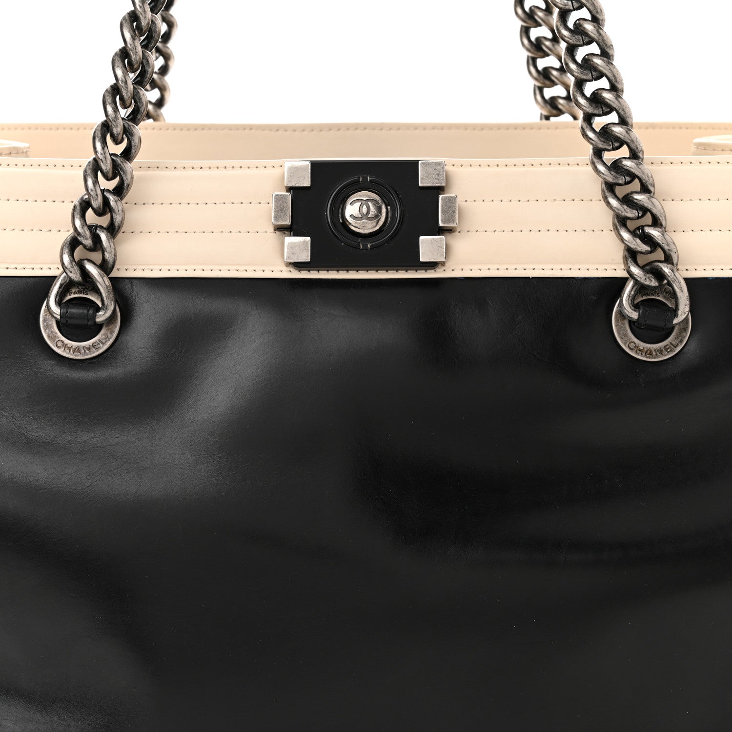 Chanel Glazed Calfskin Boy Tote Black Beige 8 of 10