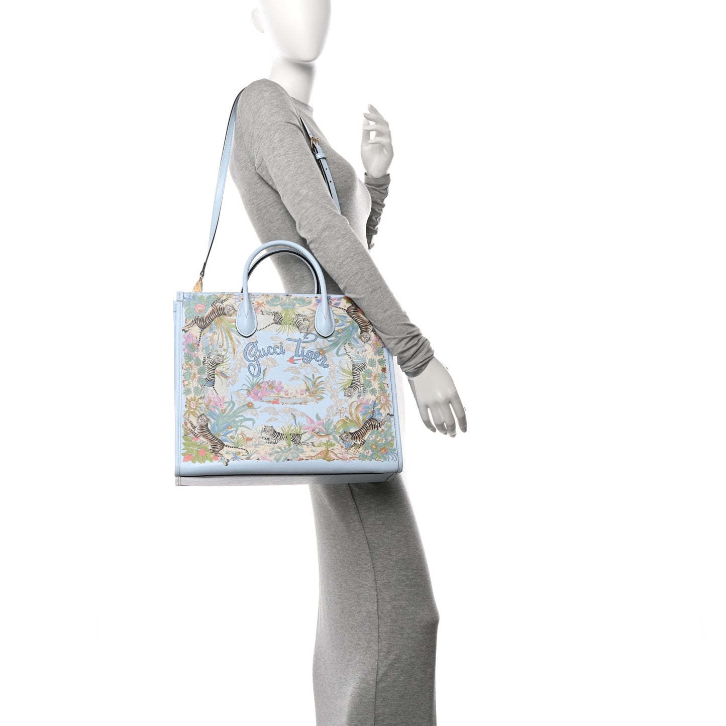 New Shangai Calfskin Tiger Savanah Textured Calfskin Medium Tote Light Blue Multicolor