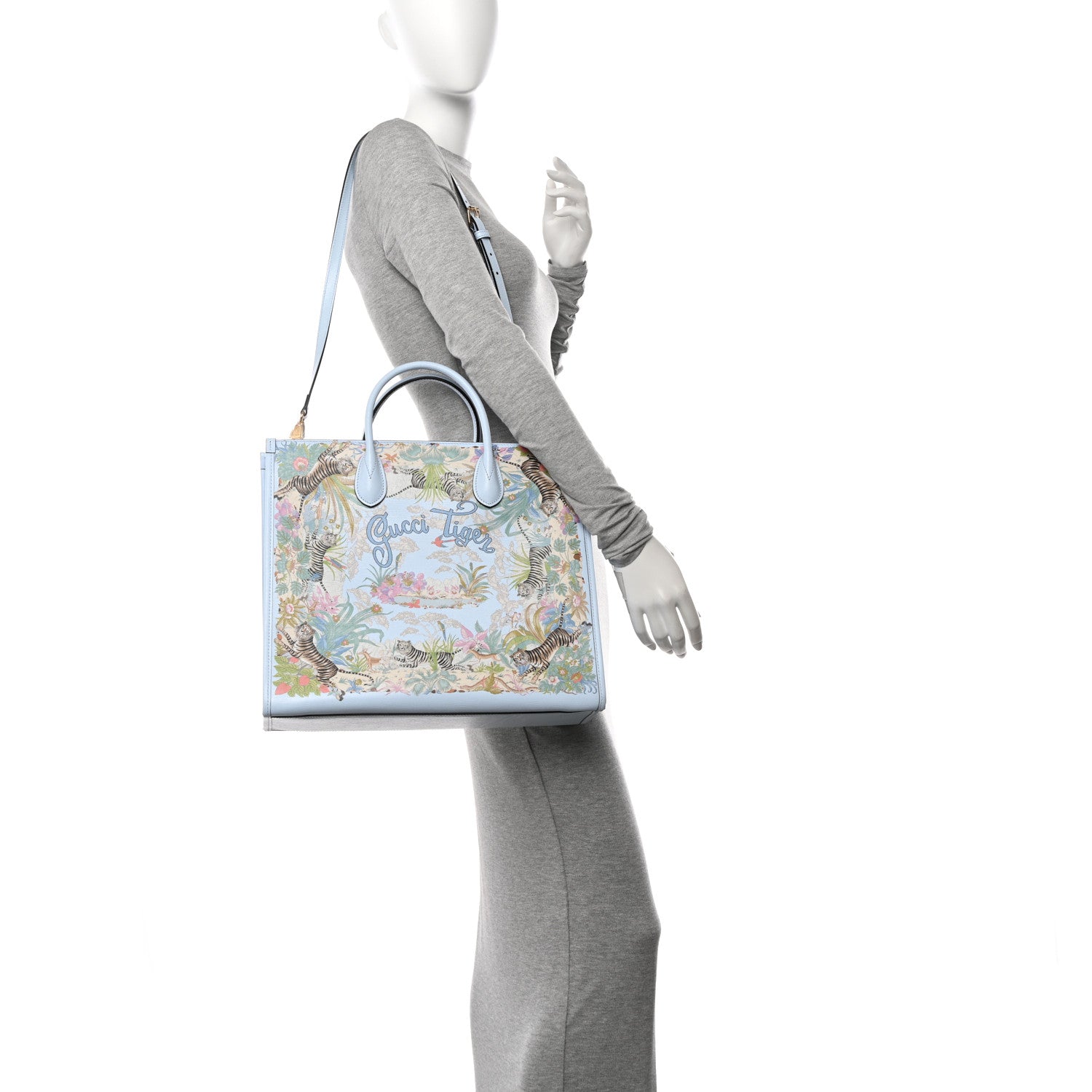 Gucci New Shangai Calfskin Tiger Savanah Textured Calfskin Medium Tote Light Blue Multicolor 2 of 16