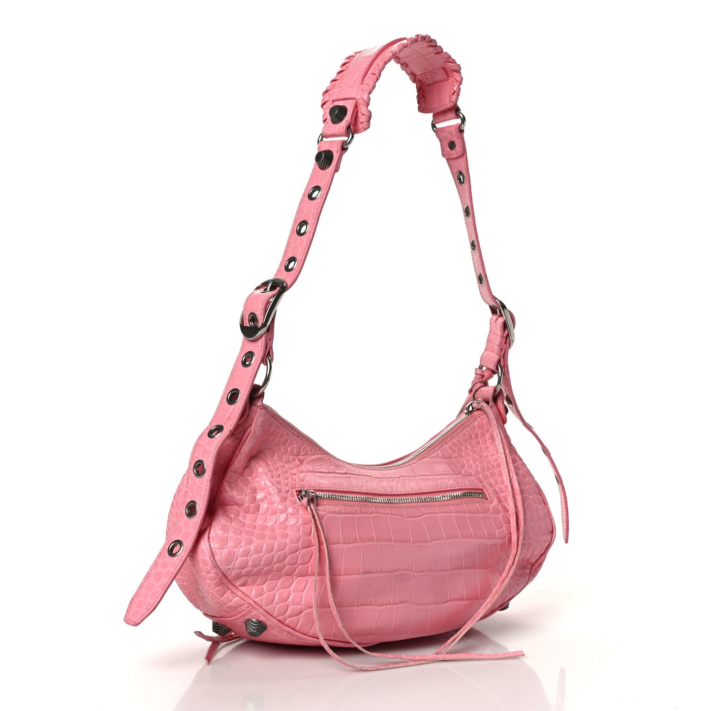 Extra Supple Calfskin Crocodile Embossed Small Le Cagole Shoulder Bag Sweet Pink