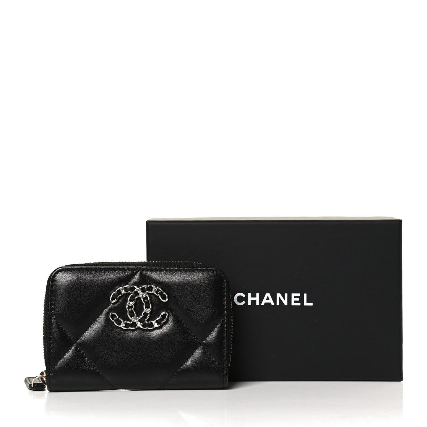 Lambskin Quilted Chanel 19 Zip Around Coin Purse Wallet Black