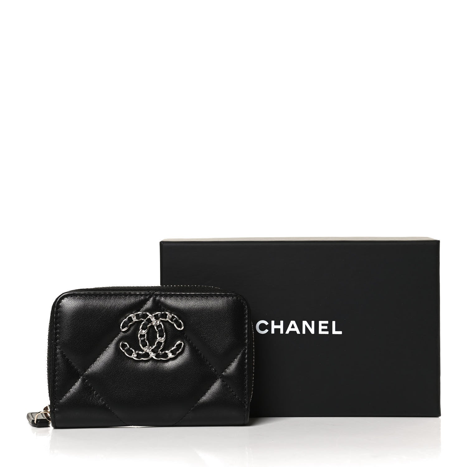 Chanel Lambskin Quilted Chanel 19 Zip Around Coin Purse Wallet Black 12 of 12
