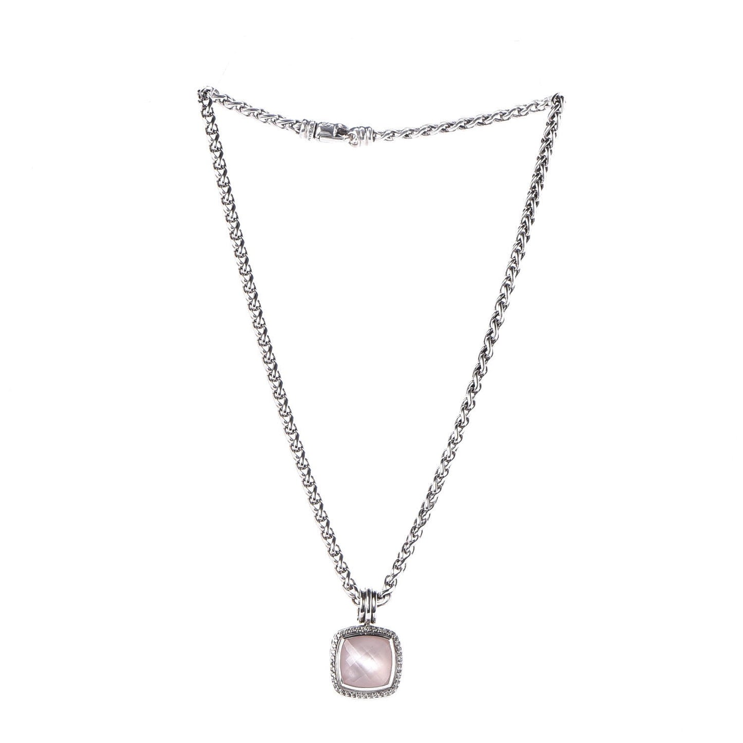 Sterling Silver Pave Diamond Rose Quartz 14mm Albion Enhancer Pendant Necklace