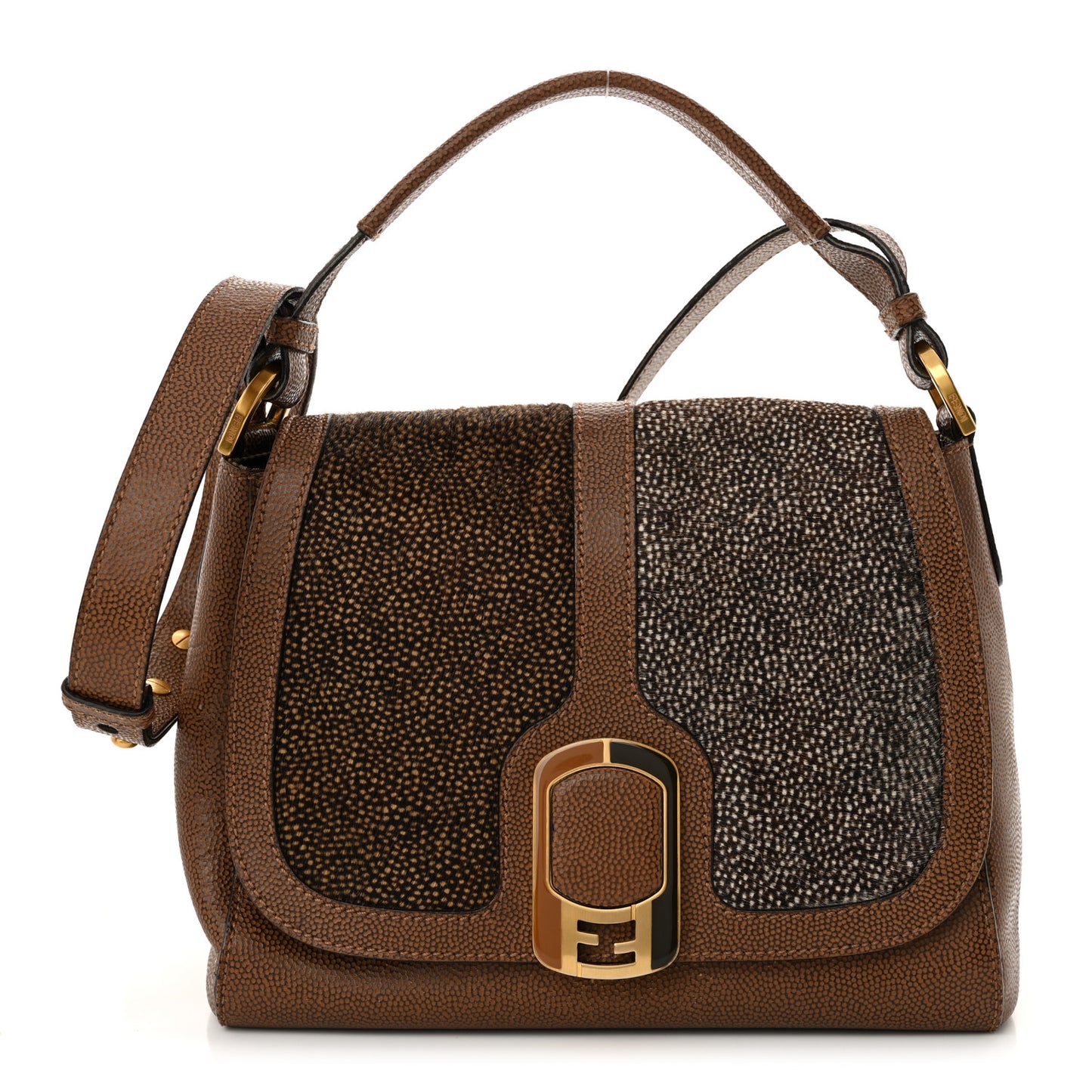 Stingray Calf Hair Colorblock Anna Shoulder Bag Brown
