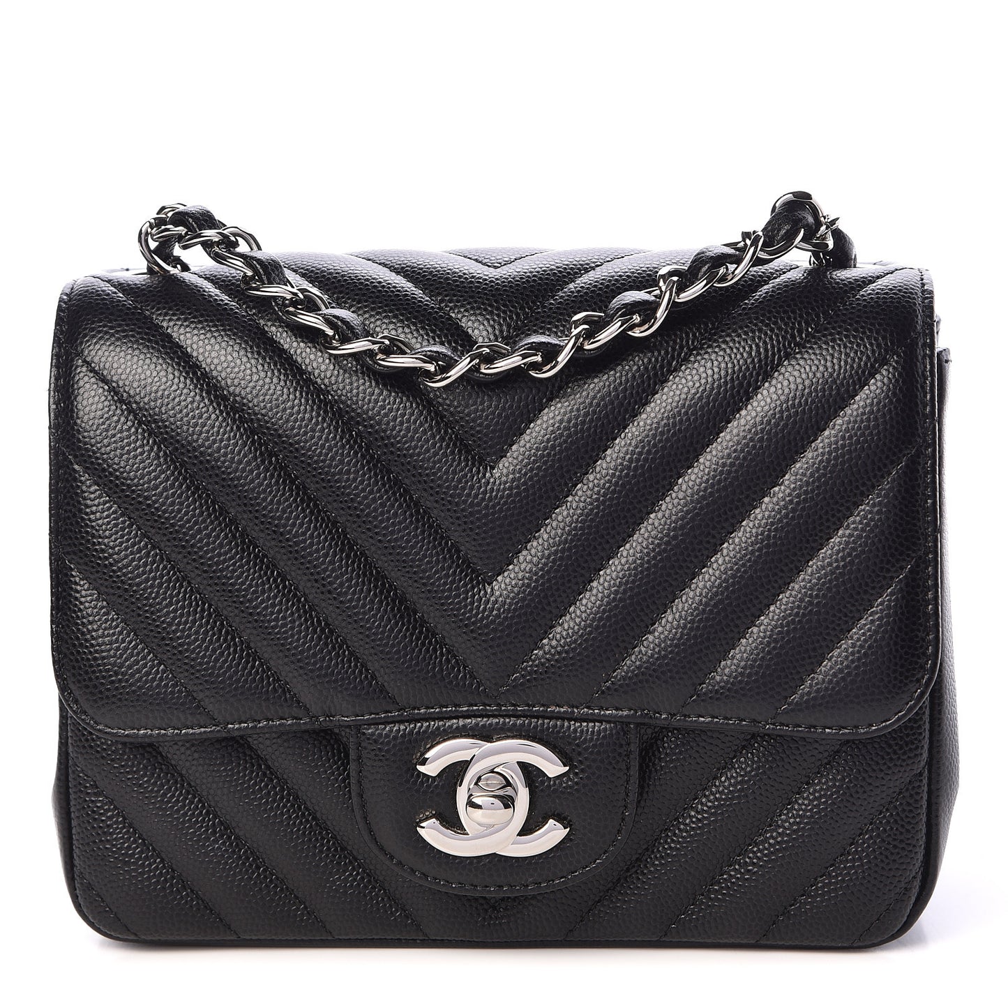 Caviar Chevron Quilted Mini Square Flap Black