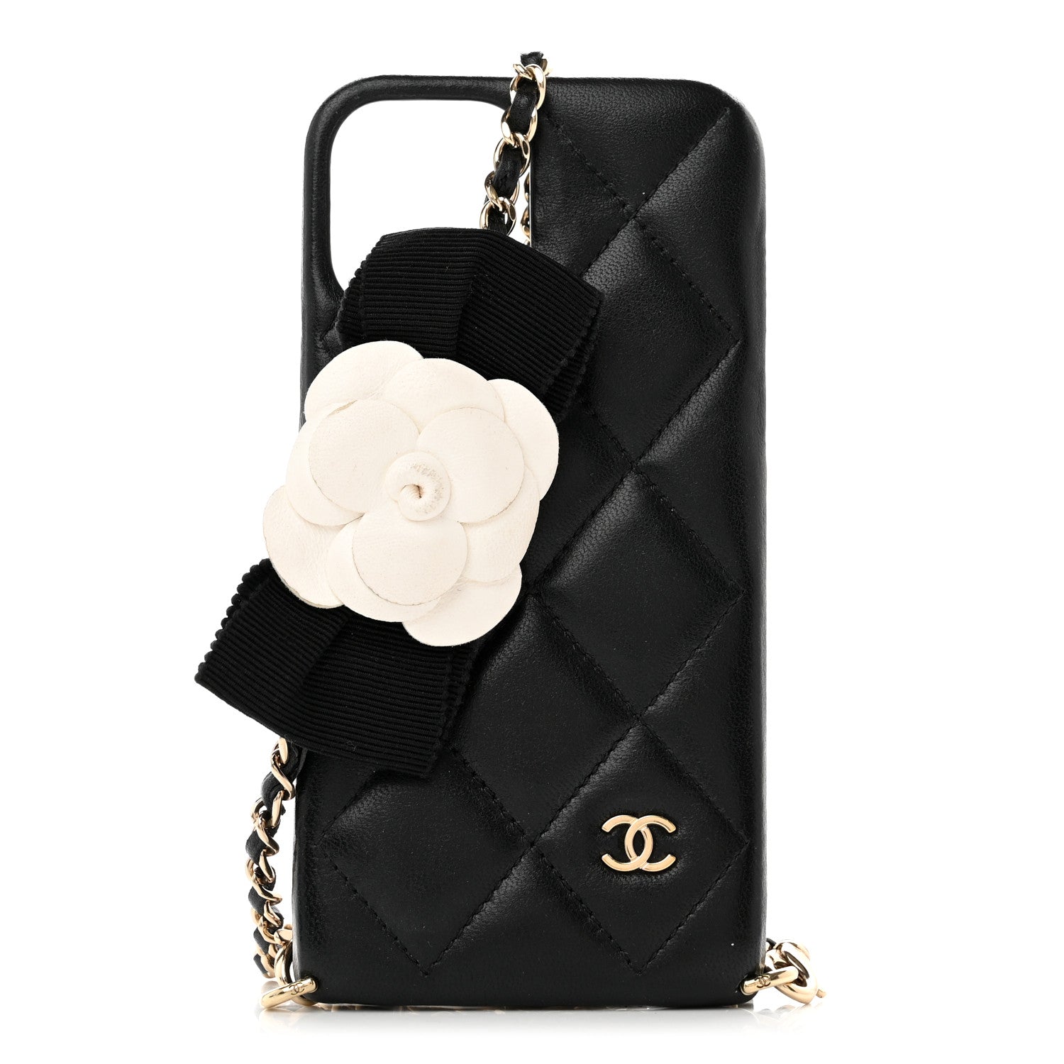 Chanel Lambskin Quilted Camellia Bow iPhone XII Pro Holder With Chain Black 1 of 7