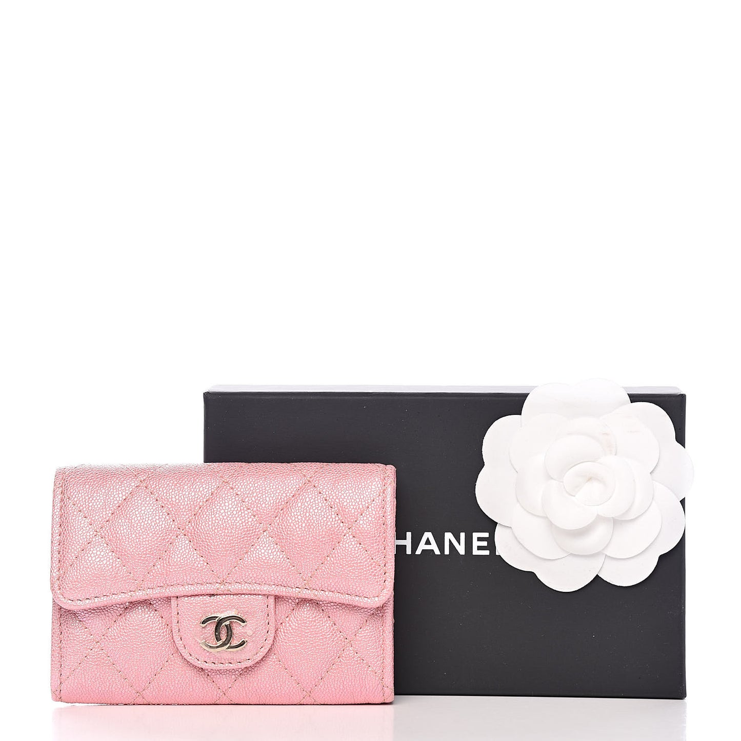 Iridescent Caviar Quilted Flap Card Holder Rose Pink