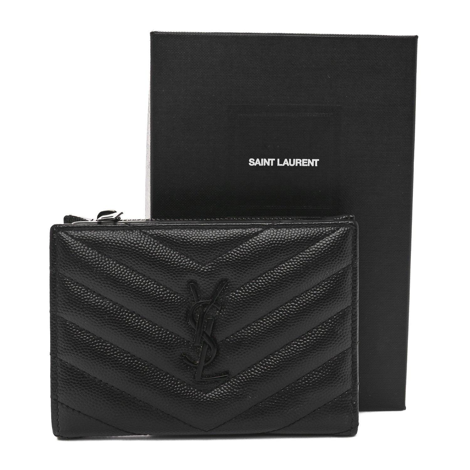 Saint Laurent Grain De Poudre Matelasse Chevron Monogram Monochrome Zipped Two-Part Wallet Black 9 of 9
