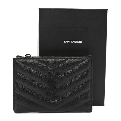 Saint Laurent Grain De Poudre Matelasse Chevron Monogram Monochrome Zipped Two-Part Wallet Black 9 of 9