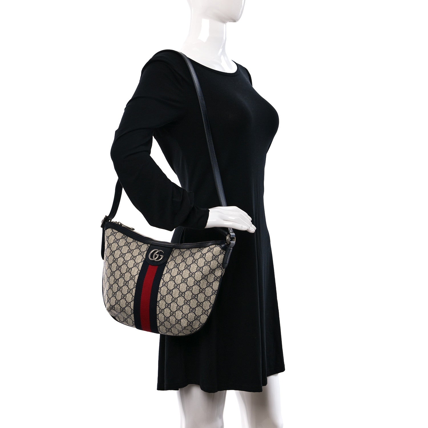 Gucci GG Supreme Monogram Textured Dollar Calfskin Web Small Ophidia Half Moon Hobo Beige Blue 2 of 8