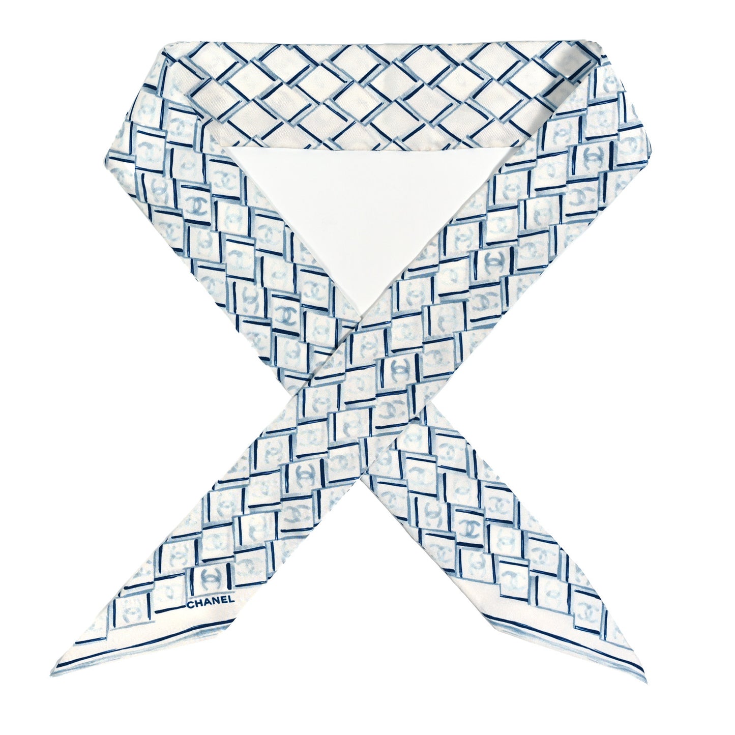 Silk CC Slim Bandeau Scarf White Blue