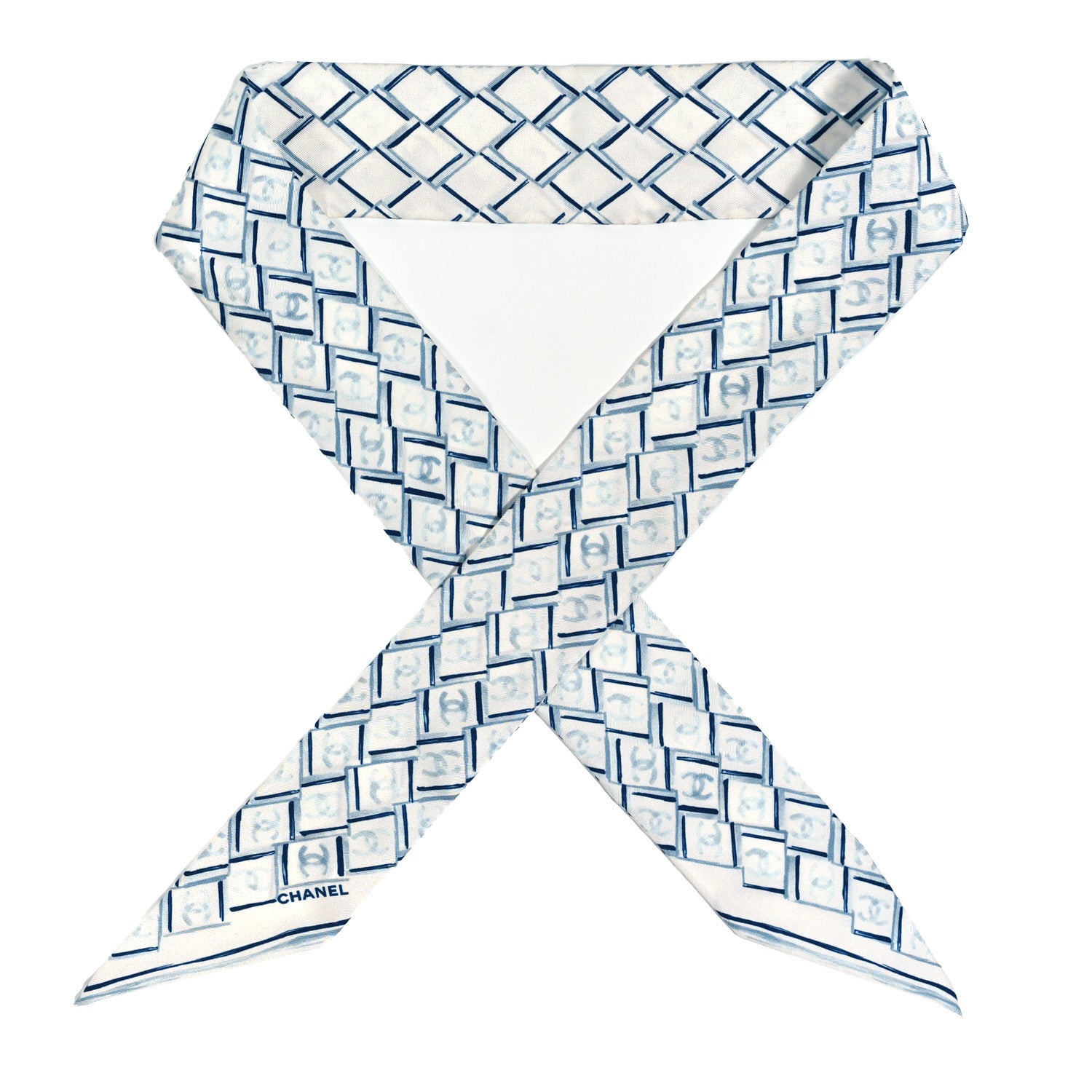 Chanel Silk CC Slim Bandeau Scarf White Blue 1 of 4