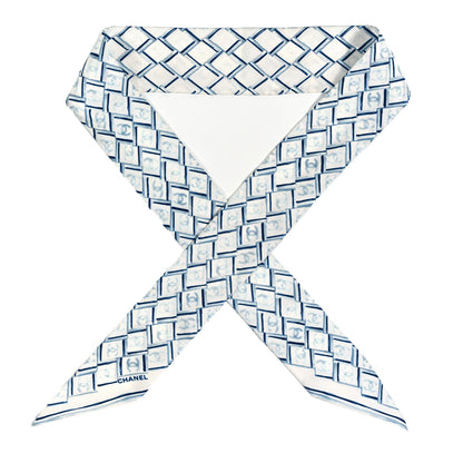 Chanel Silk CC Slim Bandeau Scarf White Blue 1 of 4
