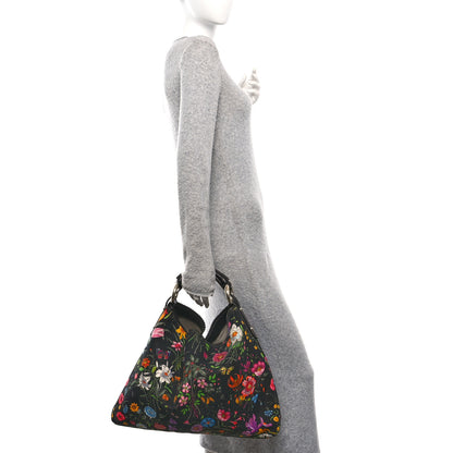 Gucci Canvas Flora Floral Large Horsebit Chain Hobo Black 2 of 10