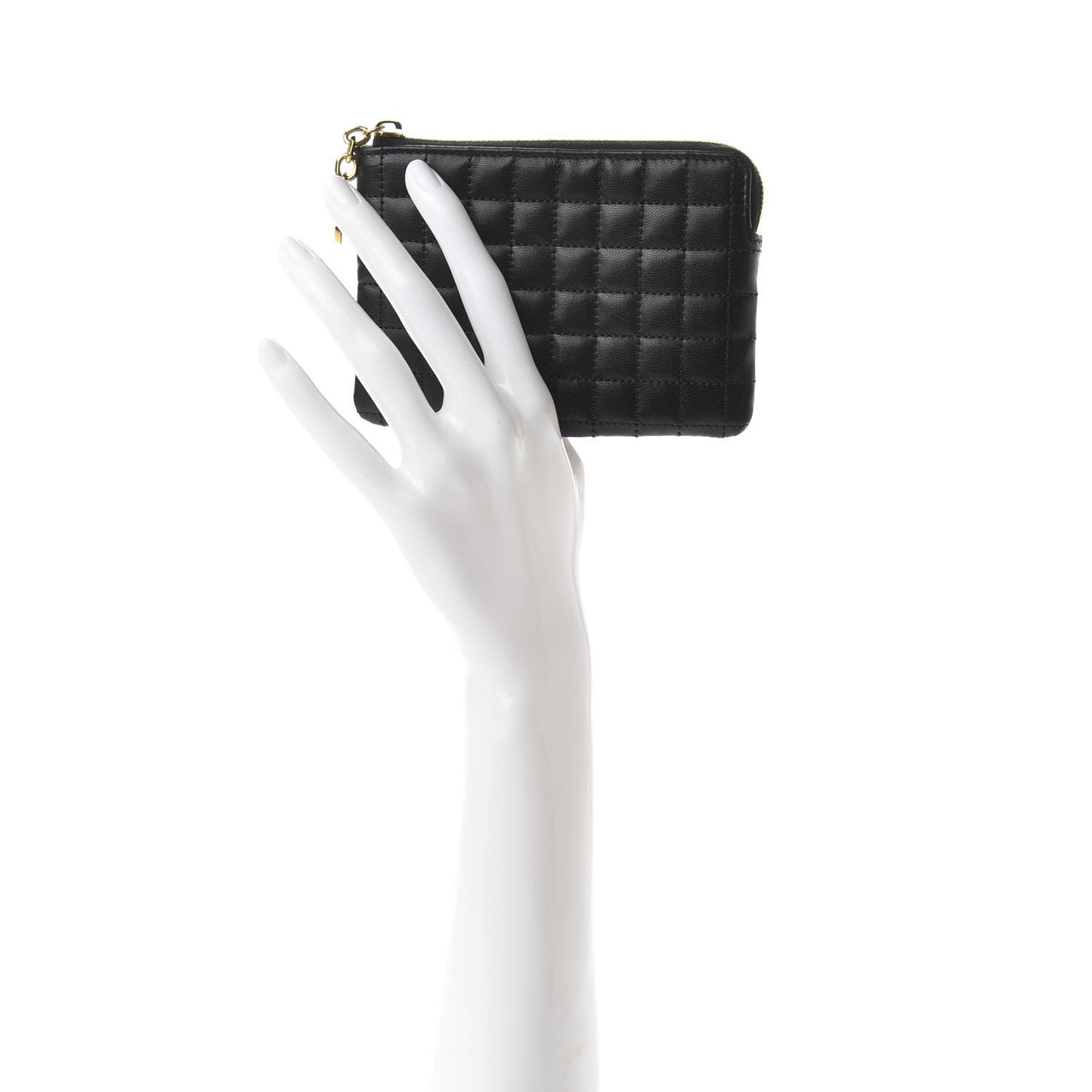 Calfskin Quilted C Charm Coin Card Pouch Black