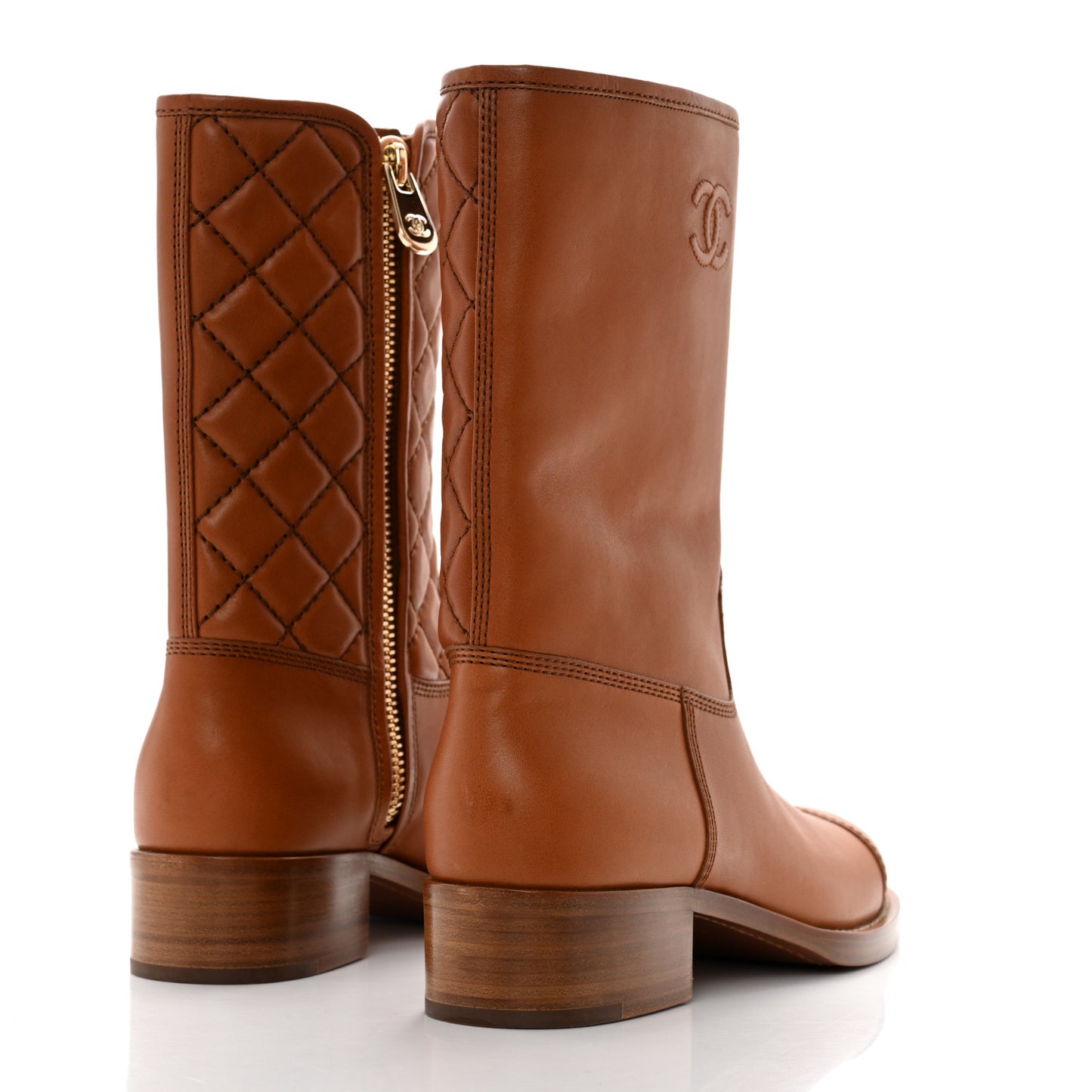 Calfskin CC Logo Mid Calf Boots 39 Caramel