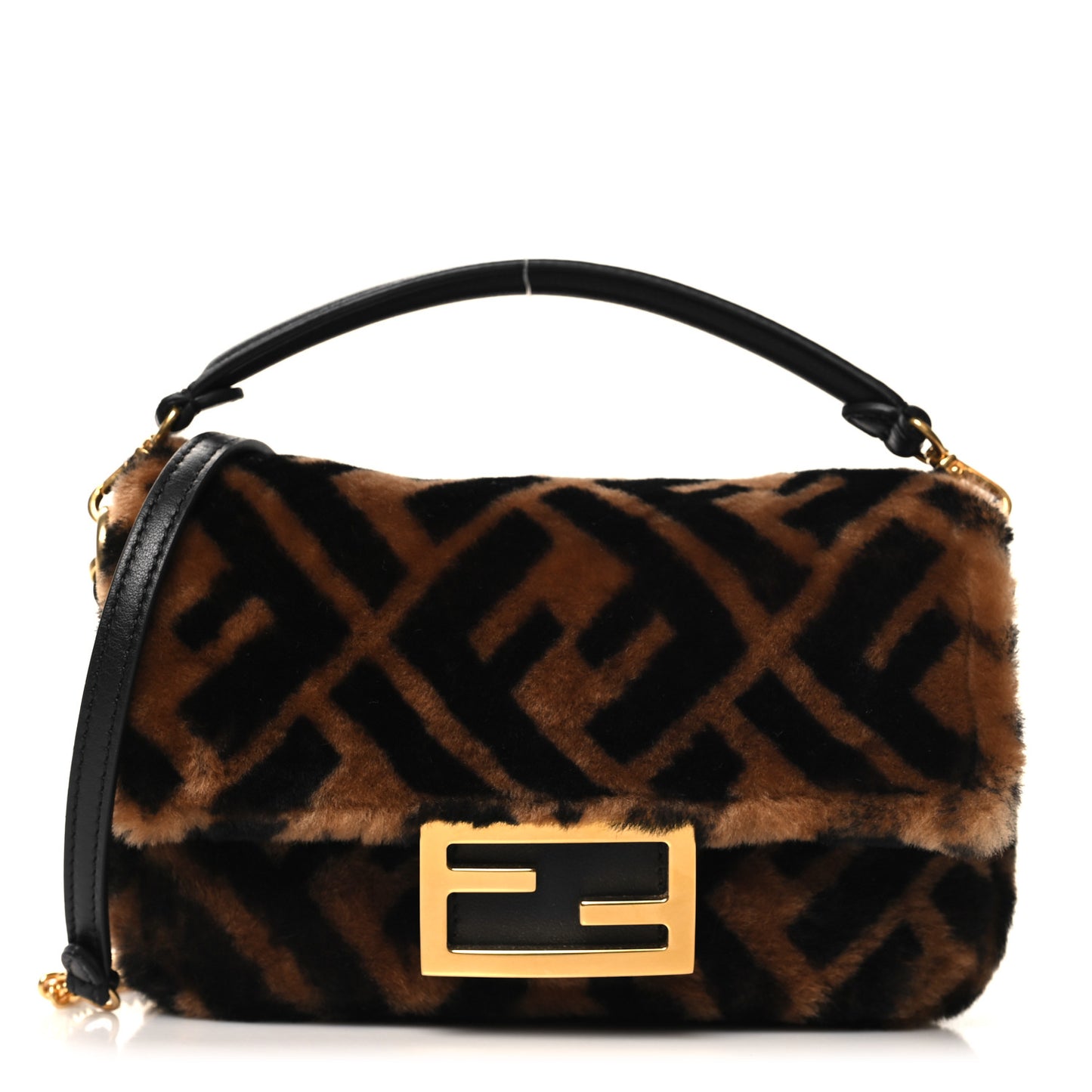 Shearling Vitello Dolce Macro FF 1974 Mini Baguette Tobacco Black