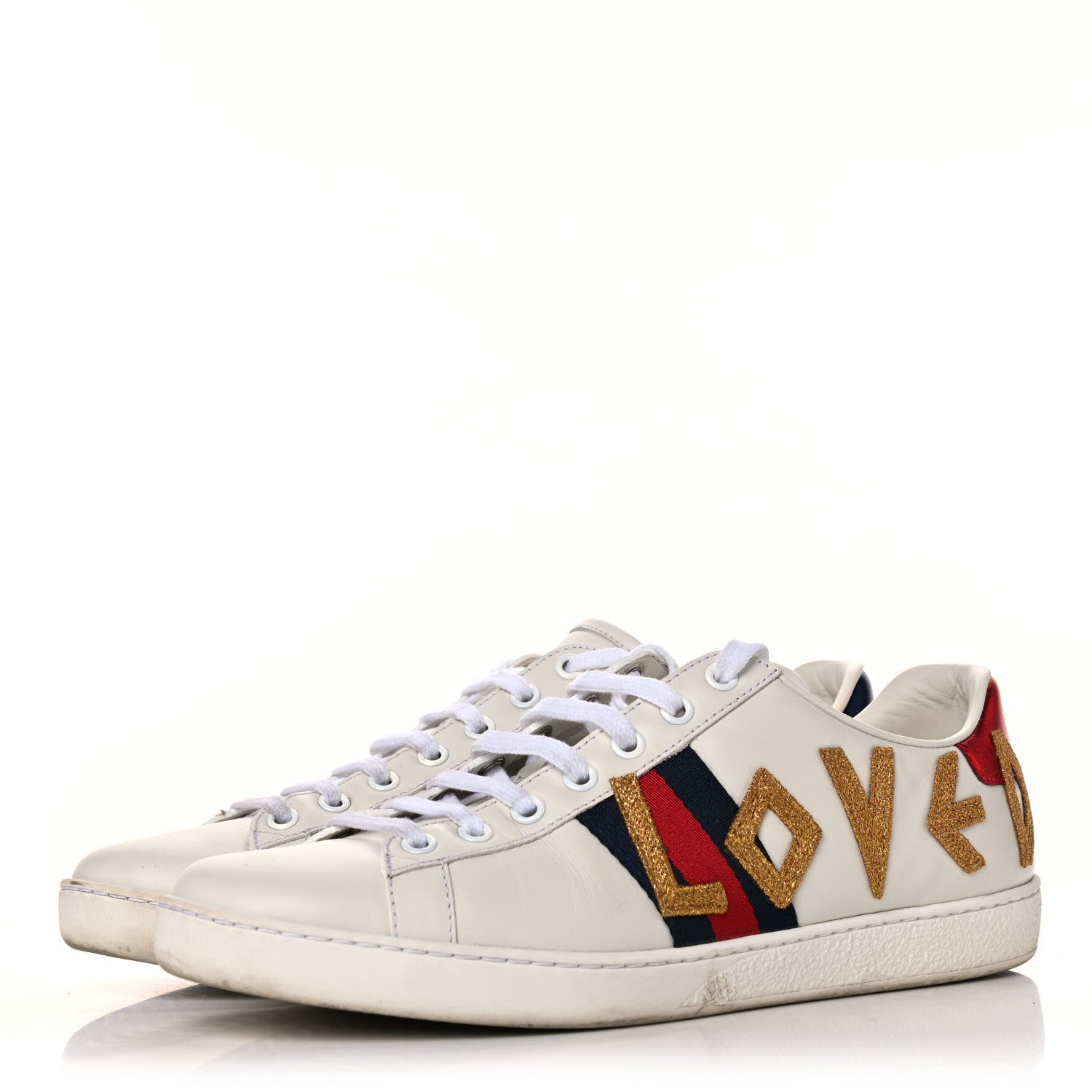 Gucci Calfskin Nappa Web LOVED Embroidered Womens Ace Sneakers 39 White Red Flame Notte 3 of 17