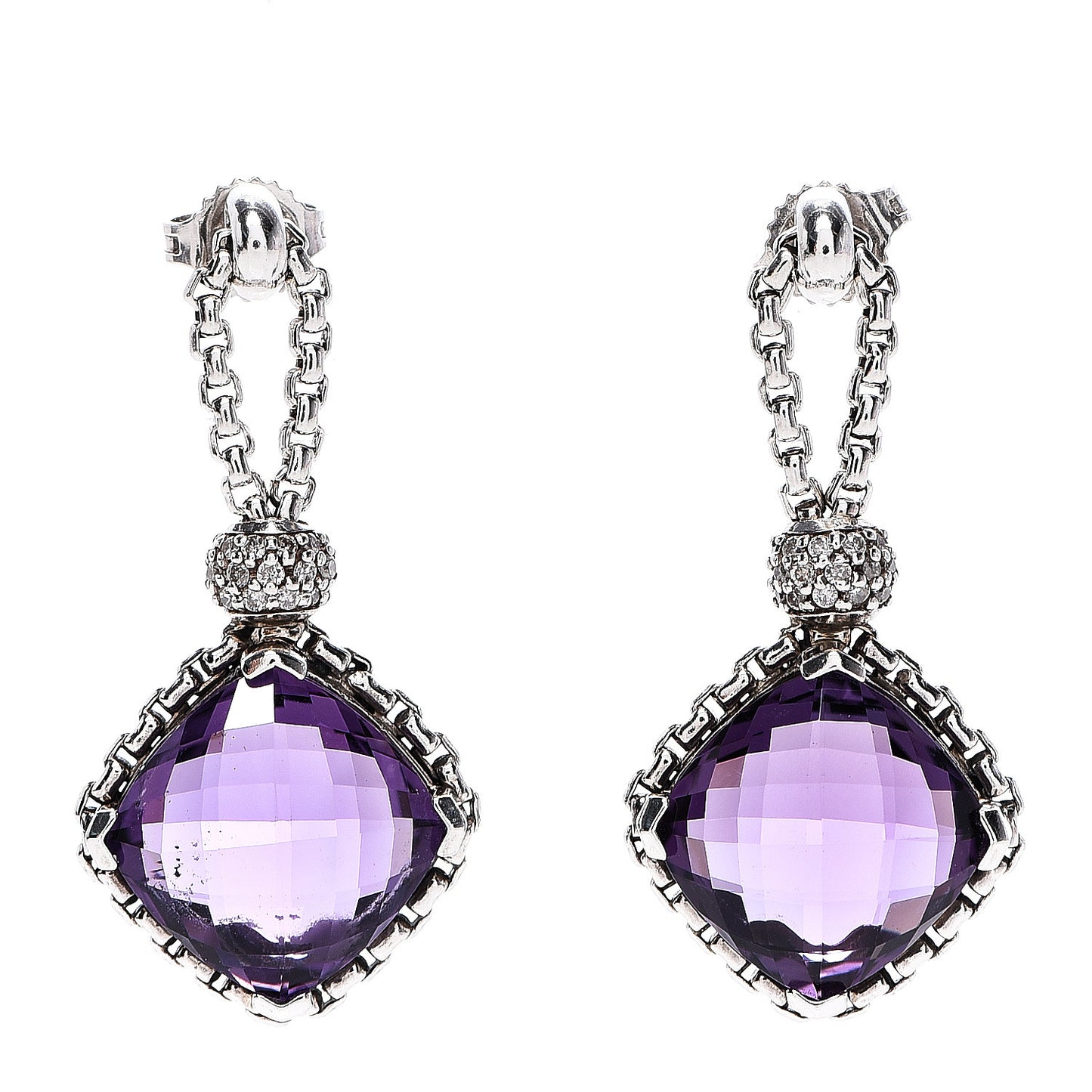 Sterling Silver Diamond Amethyst Cushion On Point Drop Earrings