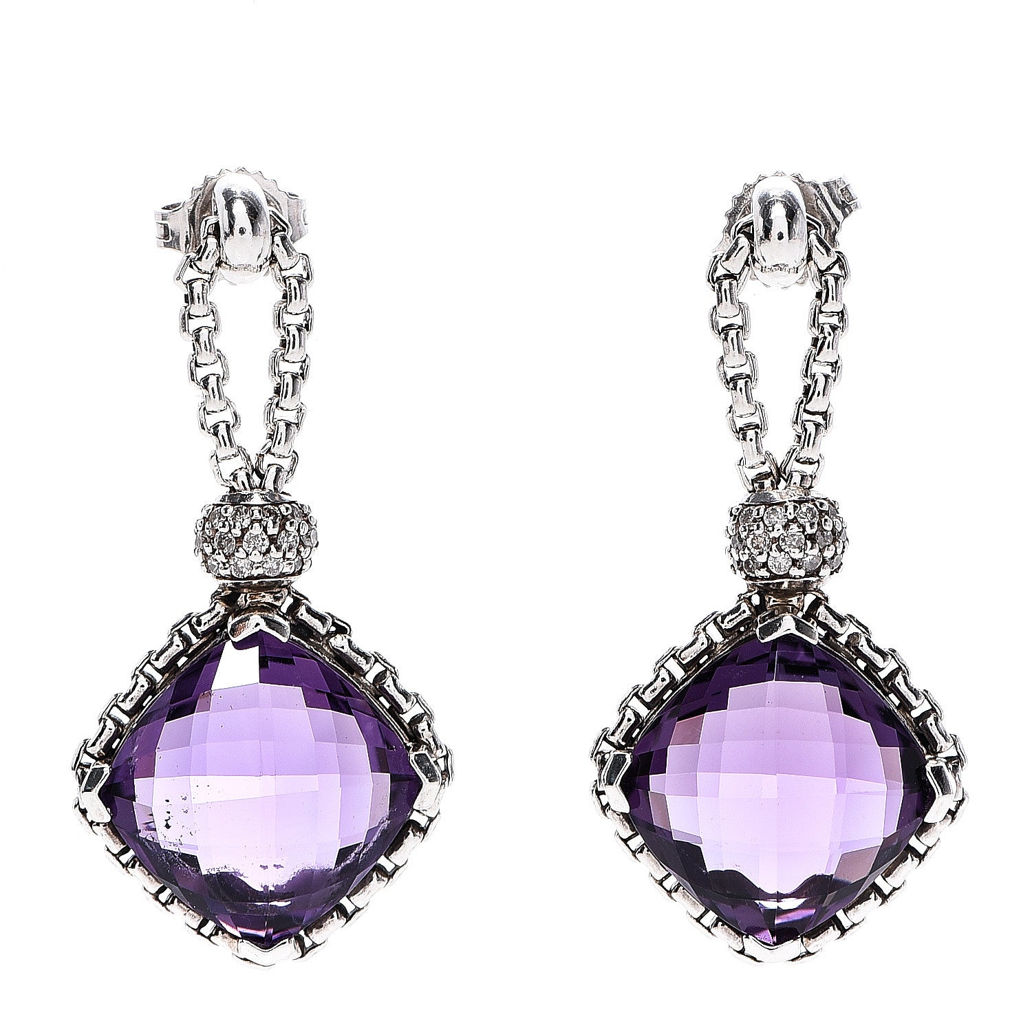David Yurman Sterling Silver Diamond Amethyst Cushion On Point Drop Earrings 1 of 4