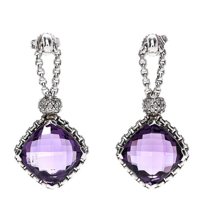 David Yurman Sterling Silver Diamond Amethyst Cushion On Point Drop Earrings 1 of 4
