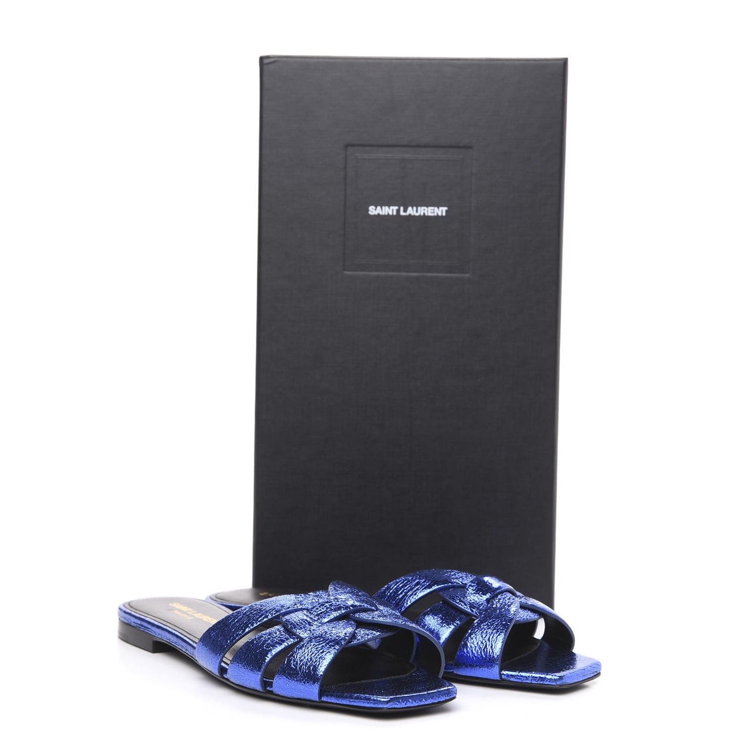 Metallic Crackled Calfskin Nu Pied 05 Slide Sandals 37 Blue