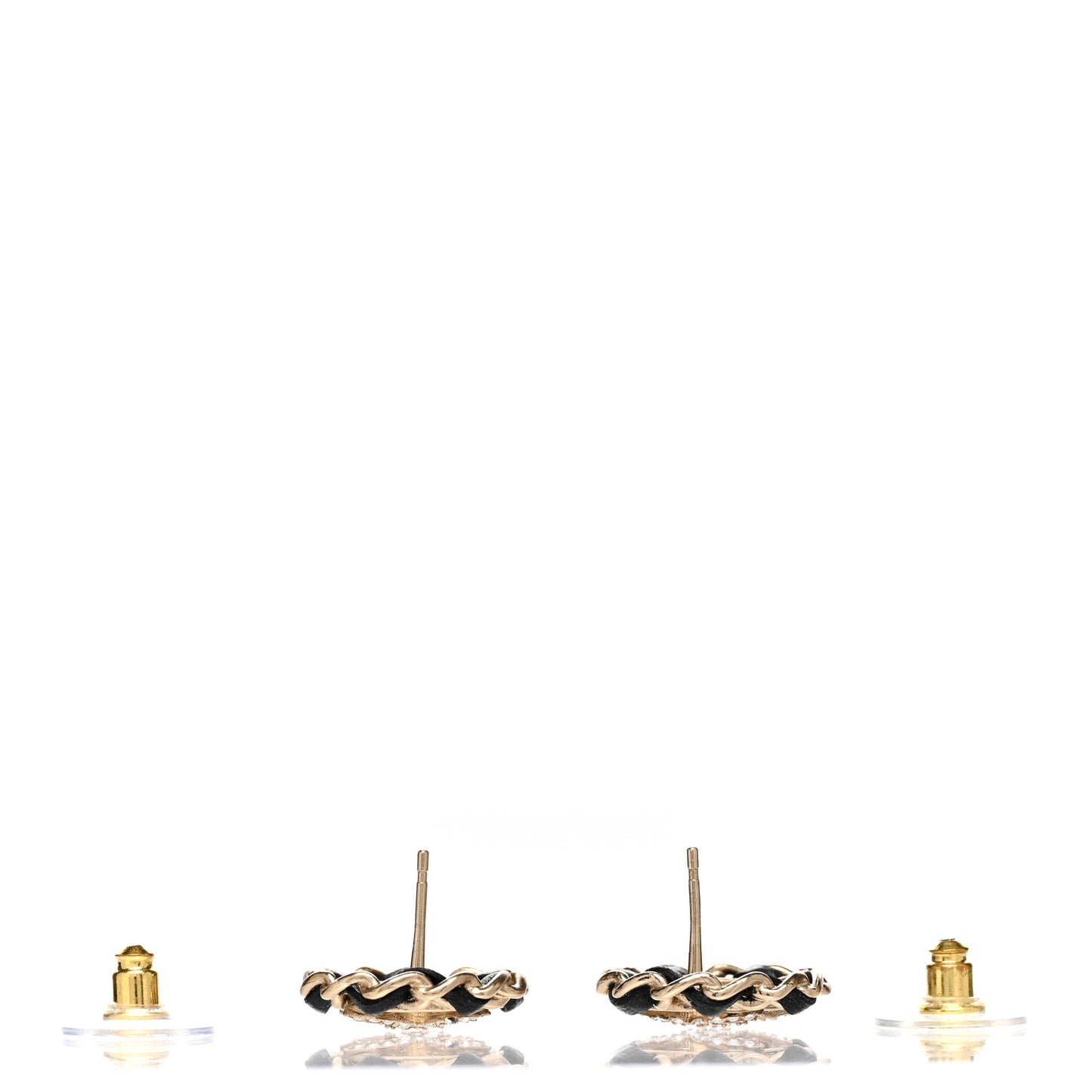 Crystal Lambskin Chain CC Stud Earrings Black Gold