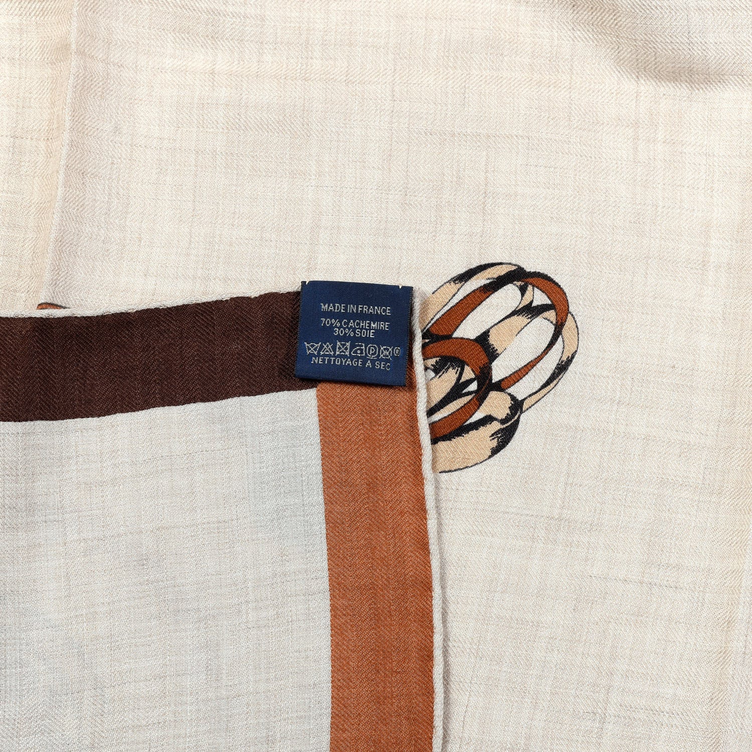 Hermes Cashmere Silk Encadre Blason Scarf 90 Naturel Chocolat Caramel 4 of 4
