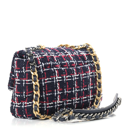 Chanel Tweed Quilted Medium Chanel 19 Flap Navy Blue White Red 3 of 9