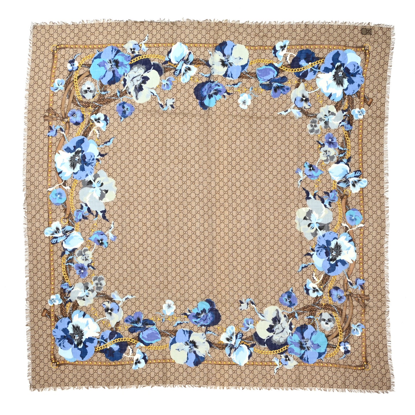 Wool Jacquard GG Monogram Big Panshie Fringe Shawl Sapphire Beige