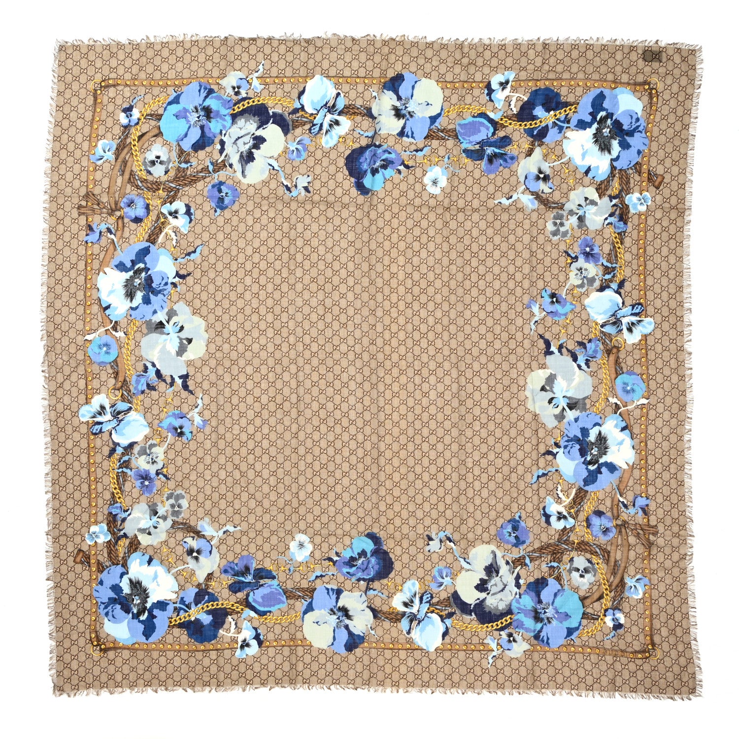 Gucci Wool Jacquard GG Monogram Big Panshie Fringe Shawl Sapphire Beige 1 of 3