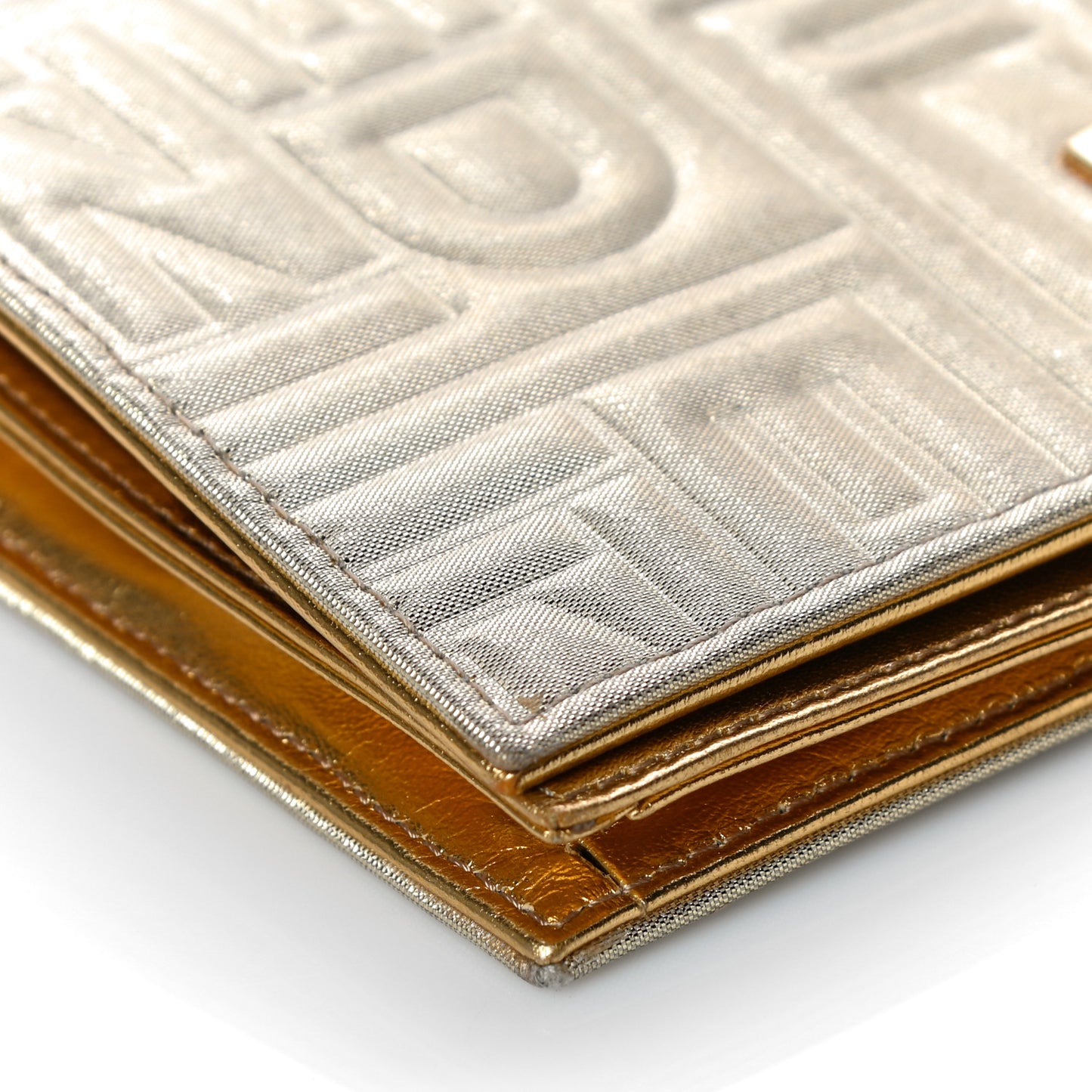 Metallic Lurex Logo Embossed Long Wallet On Chain Gold