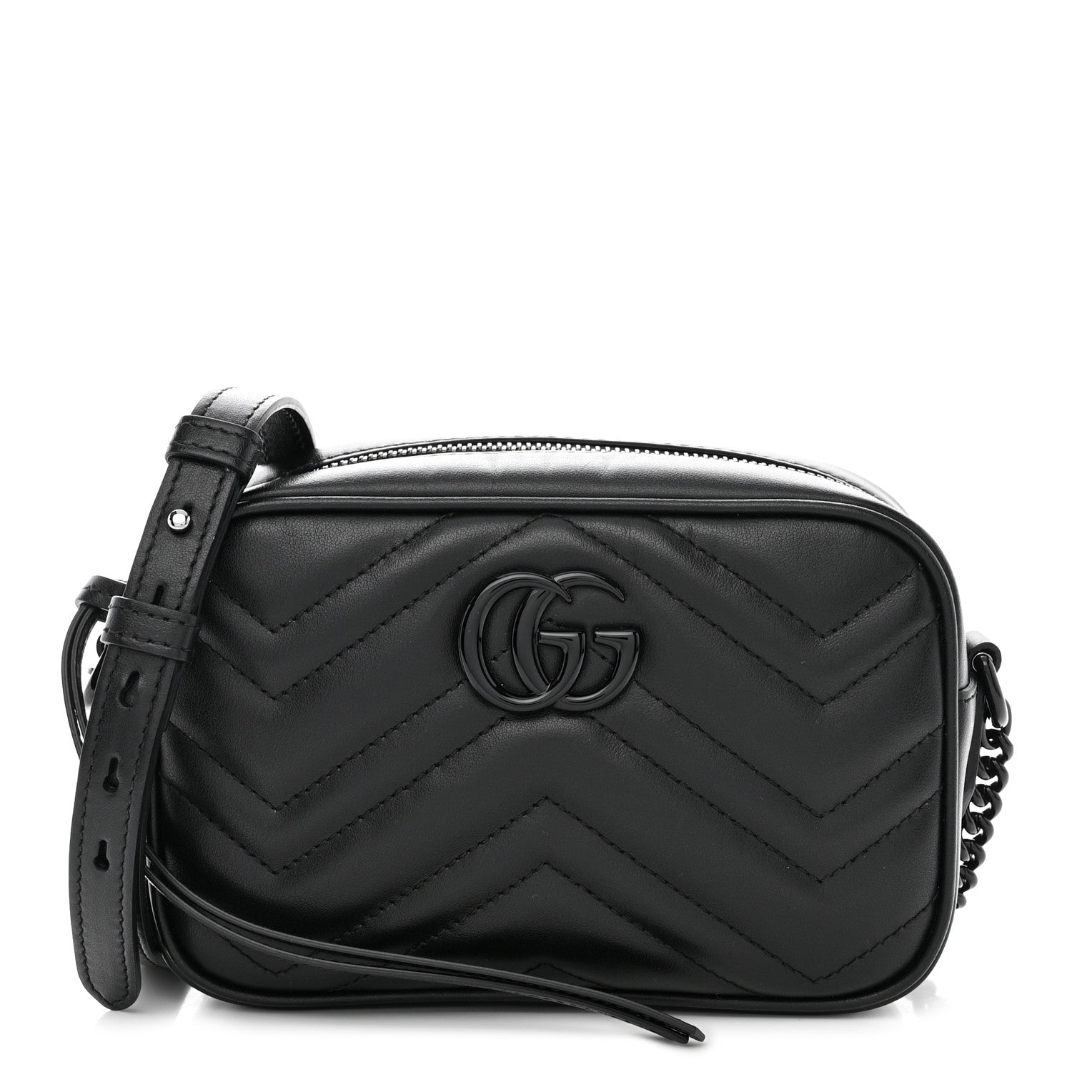 Gucci Calfskin Matelasse Monochrome Mini GG Marmont Chain Shoulder Bag Black 1 of 11